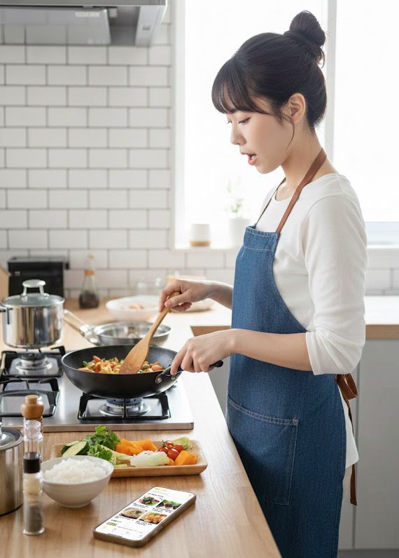 コンロで調理しながらスマートフォンを見る人物